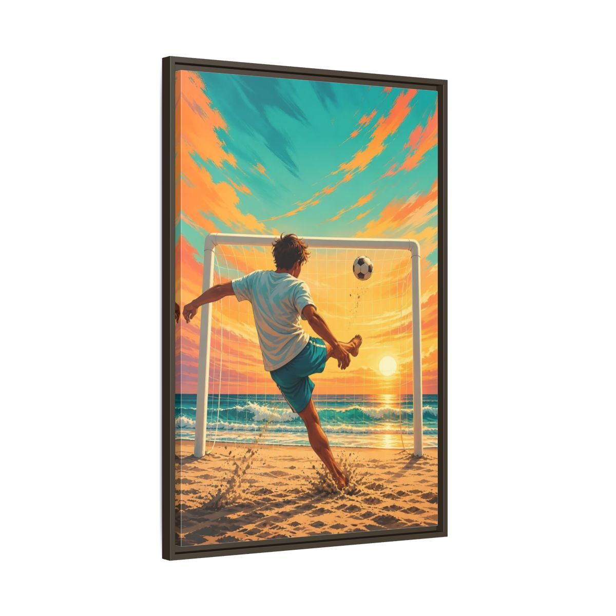 Main Mockup. Sports Soccer Player Soccer Beach Sunset shown as framed canvas print
