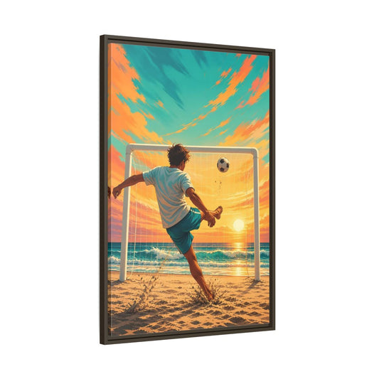 Main Mockup. Sports Soccer Player Soccer Beach Sunset shown as framed canvas print
