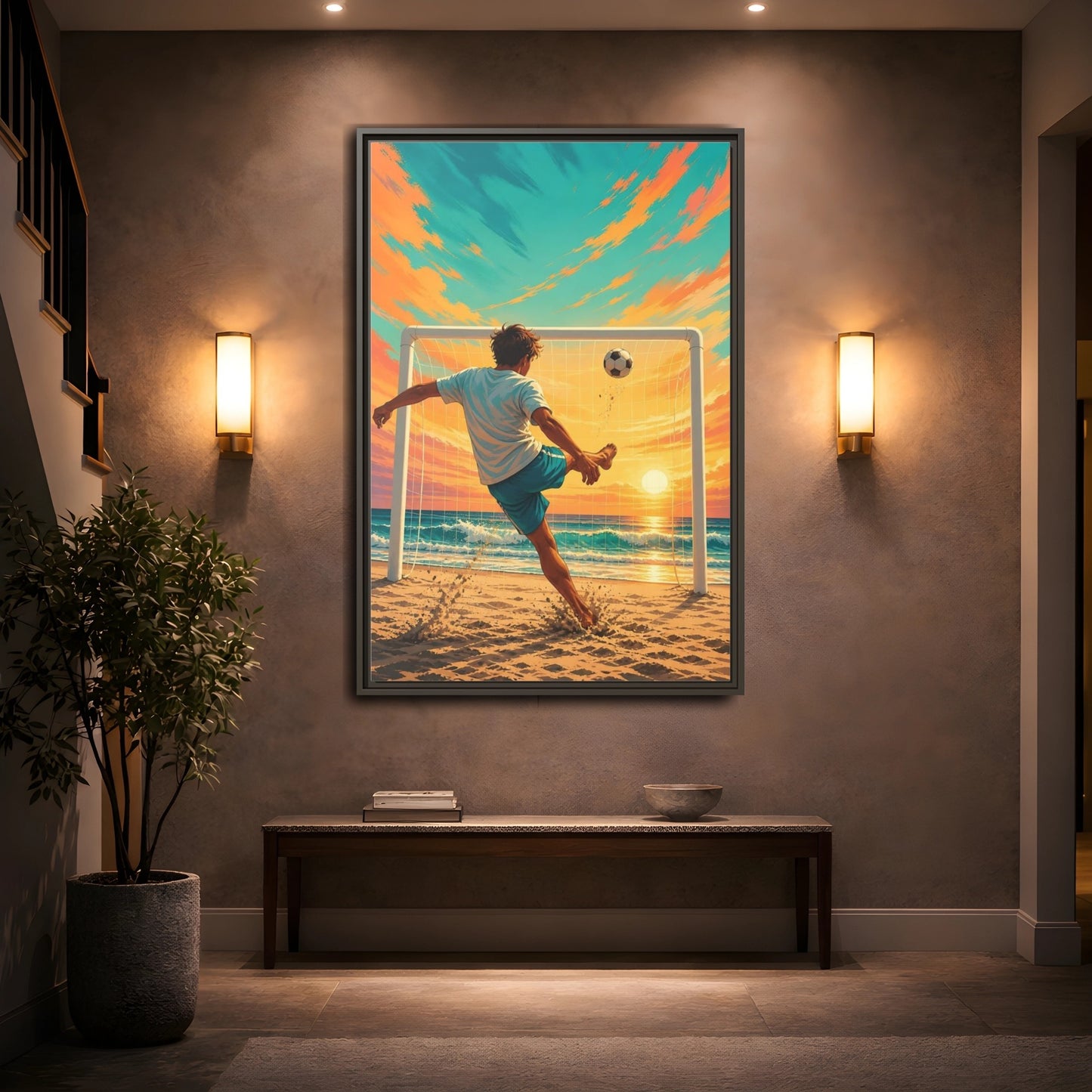 Mockup 2. Sports Soccer Player Soccer Beach Sunset shown as framed canvas print