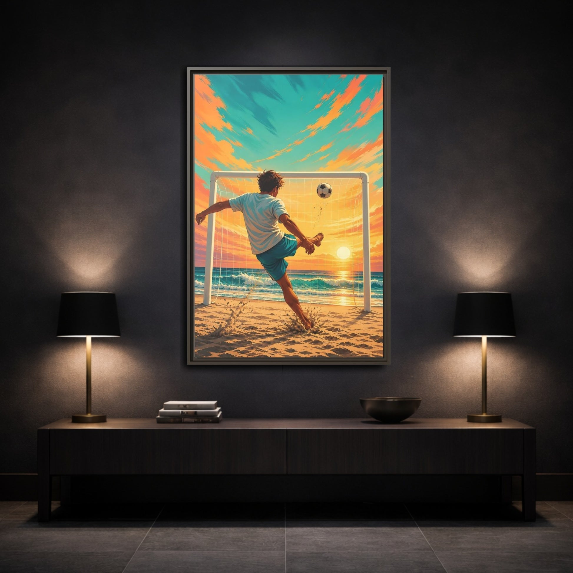 Mockup 3. Sports Soccer Player Soccer Beach Sunset shown as framed canvas print