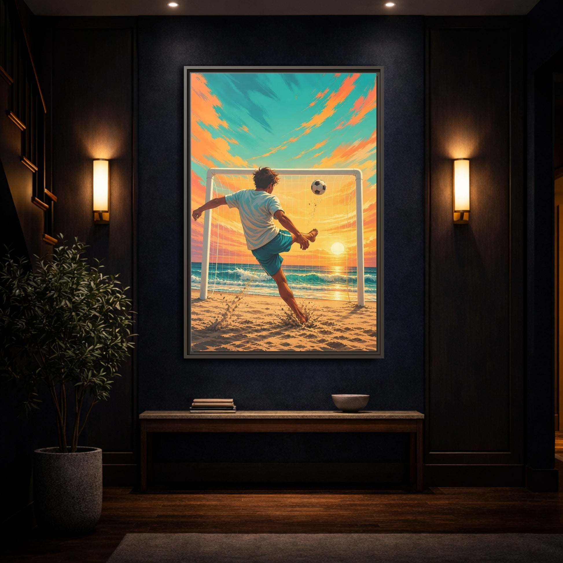 Mockup 4. Sports Soccer Player Soccer Beach Sunset shown as framed canvas print
