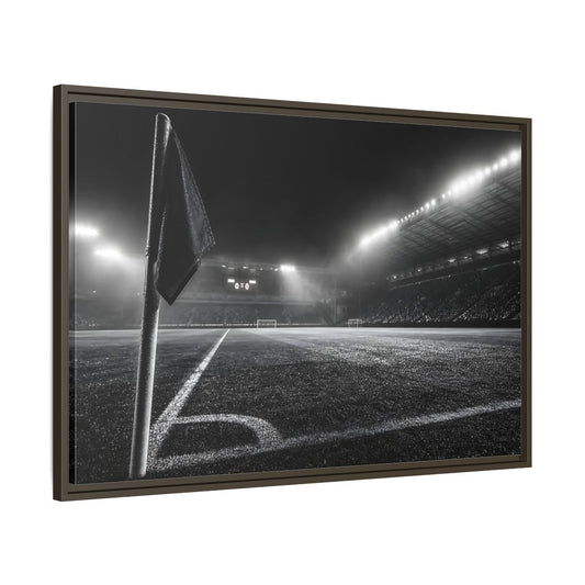 Main Mockup. Sports Soccer Stadium Black And White Sports shown as framed canvas print