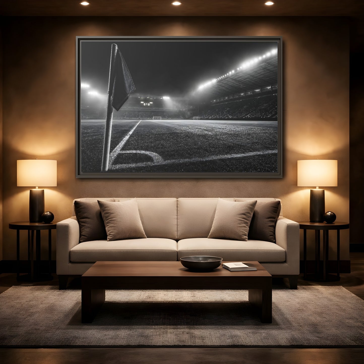 Mockup 2. Sports Soccer Stadium Black And White Sports shown as framed canvas print