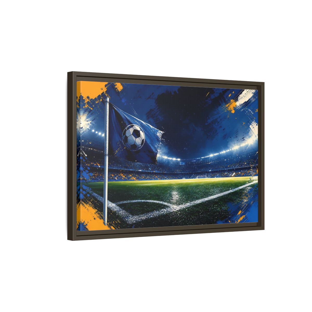 Side Mockup 2. Sports Soccer Stadium Blue Green Sports shown as framed canvas print