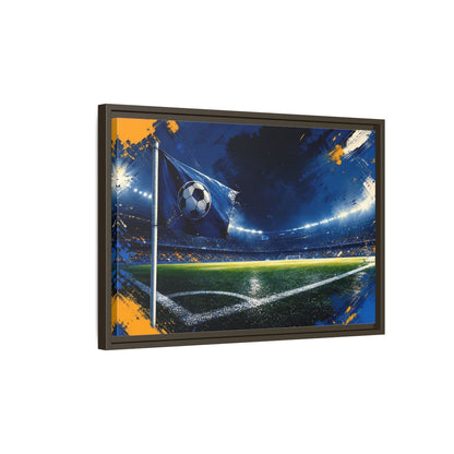 Side Mockup 2. Sports Soccer Stadium Blue Green Sports shown as framed canvas print
