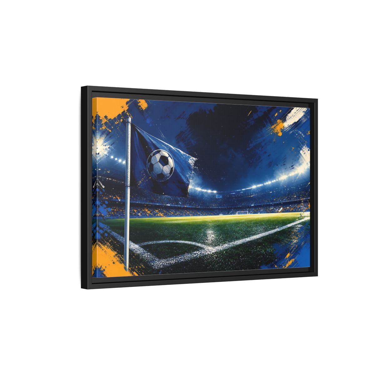 Side Mockup 3. Sports Soccer Stadium Blue Green Sports shown as framed canvas print