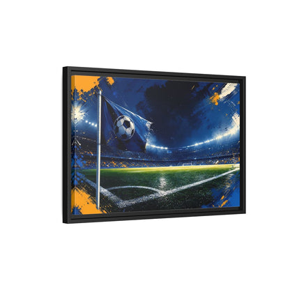 Side Mockup 3. Sports Soccer Stadium Blue Green Sports shown as framed canvas print