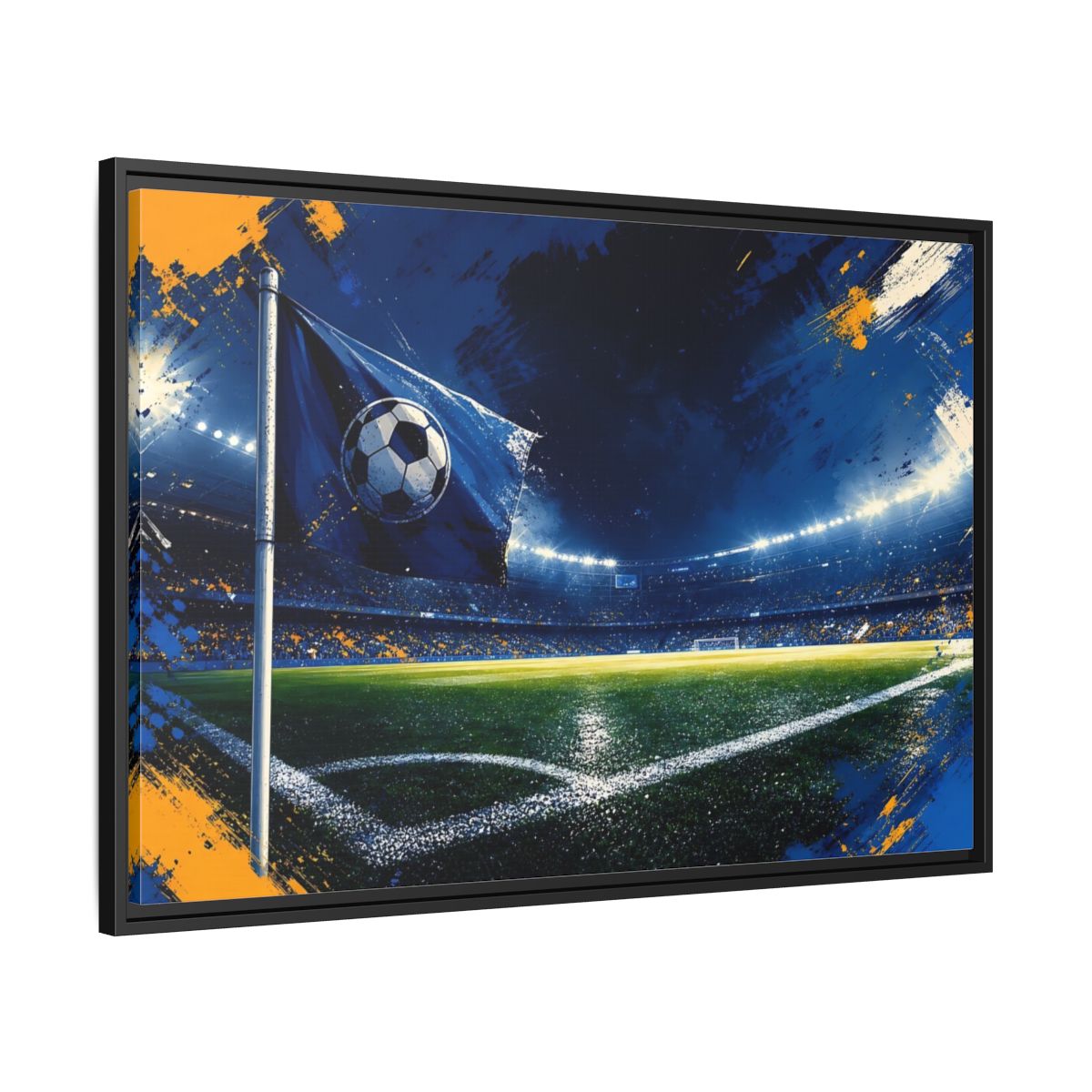 Side Mockup 13. Sports Soccer Stadium Blue Green Sports shown as framed canvas print