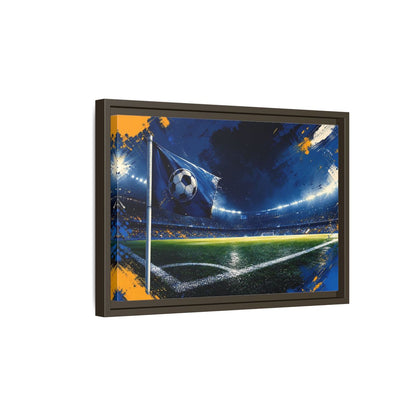 Side Mockup 5. Sports Soccer Stadium Blue Green Sports shown as framed canvas print