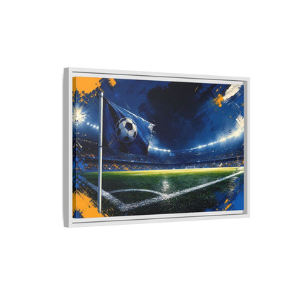 Side Mockup 1. Sports Soccer Stadium Blue Green Sports shown as framed canvas print
