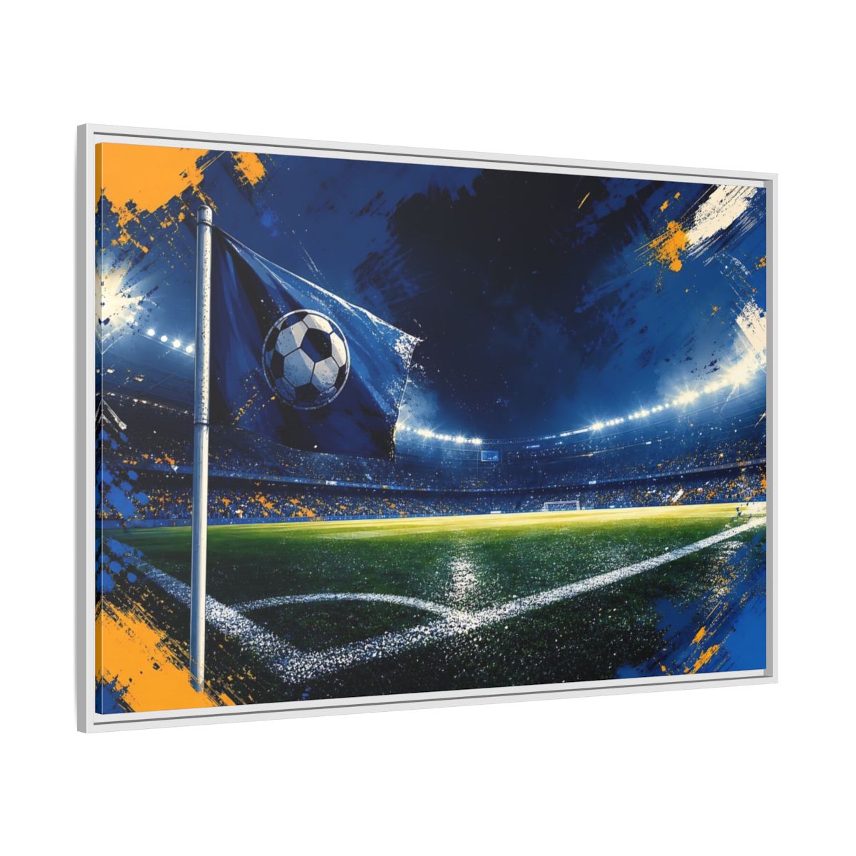 Side Mockup 7. Sports Soccer Stadium Blue Green Sports shown as framed canvas print
