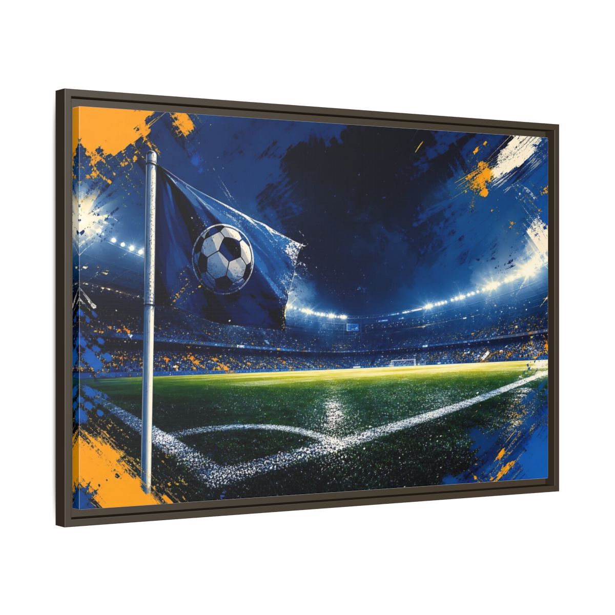 Main Mockup. Sports Soccer Stadium Blue Green Sports shown as framed canvas print