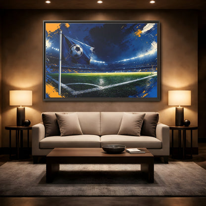 Mockup 2. Sports Soccer Stadium Blue Green Sports shown as framed canvas print