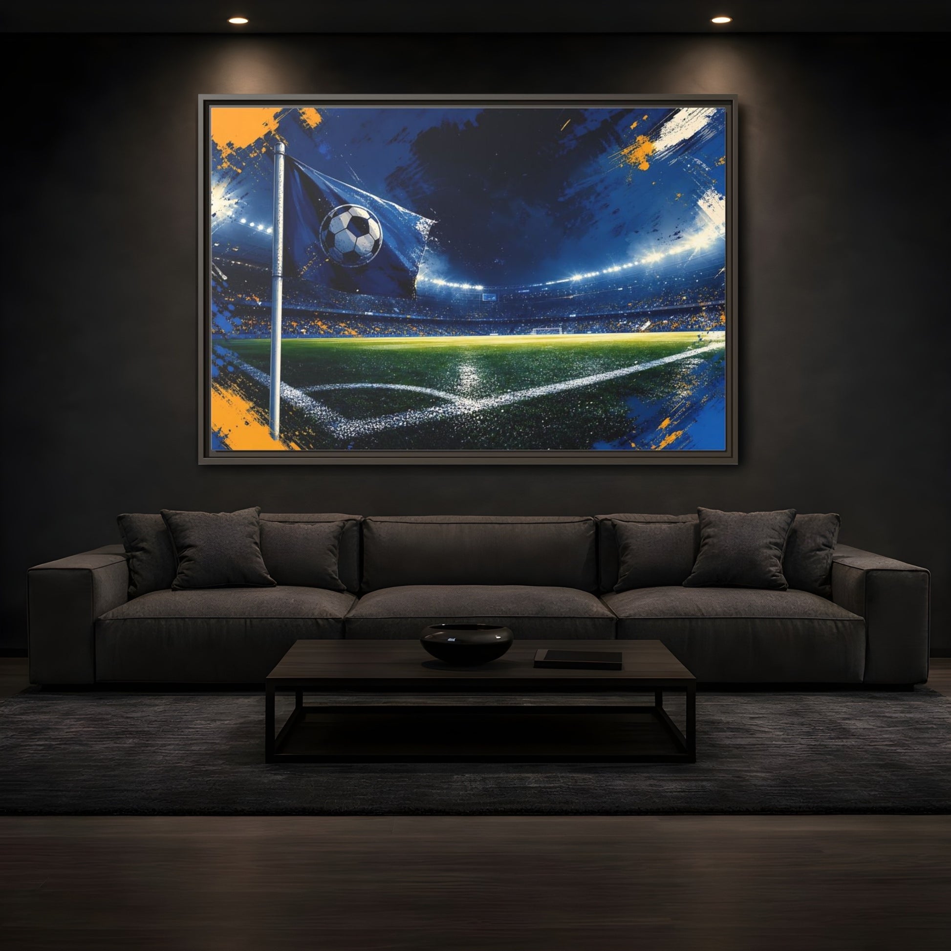Mockup 3. Sports Soccer Stadium Blue Green Sports shown as framed canvas print