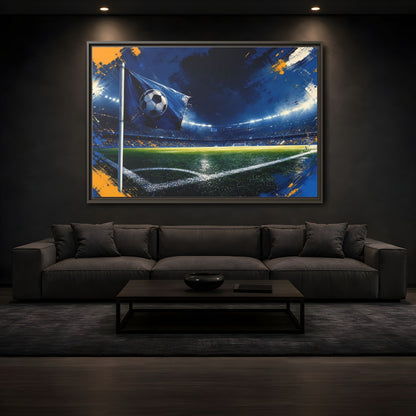 Mockup 3. Sports Soccer Stadium Blue Green Sports shown as framed canvas print