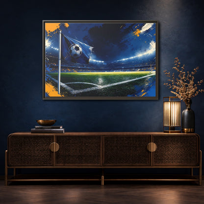 Mockup 4. Sports Soccer Stadium Blue Green Sports shown as framed canvas print
