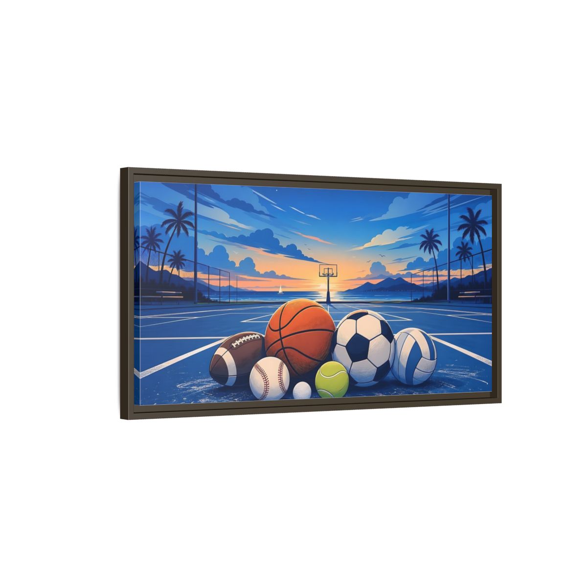 Main Mockup. Sports Sports Balls Blue And Orange Sports Balls shown as framed canvas print
