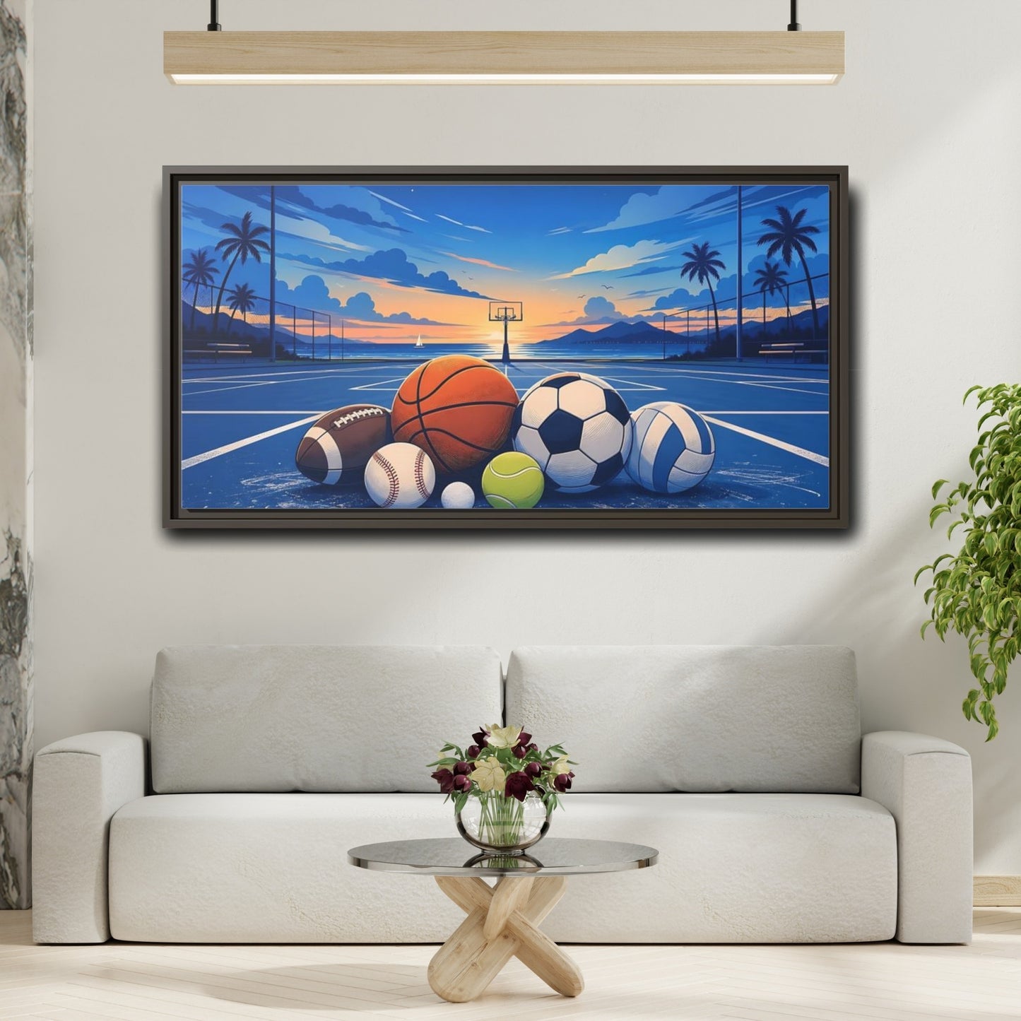 Mockup 2. Sports Sports Balls Blue And Orange Sports Balls shown as framed canvas print