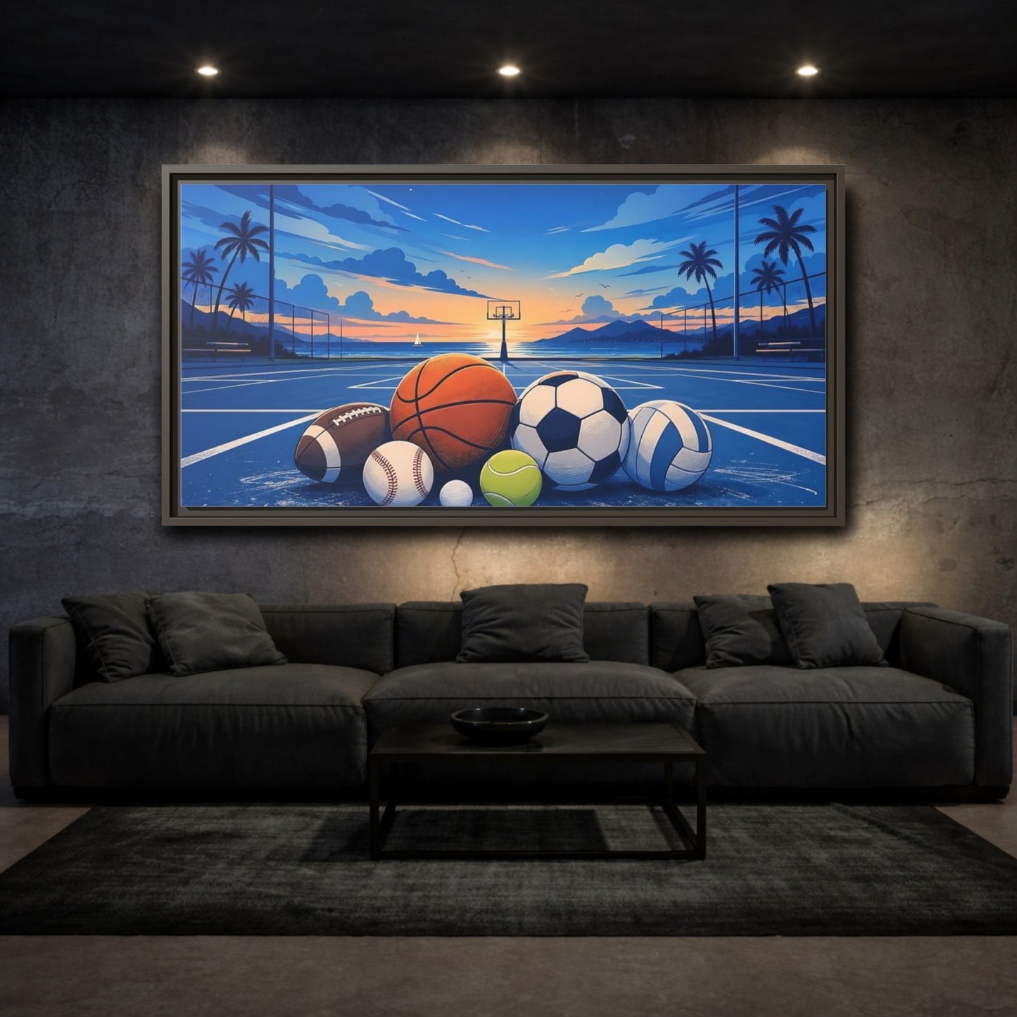 Mockup 4. Sports Sports Balls Blue And Orange Sports Balls shown as framed canvas print