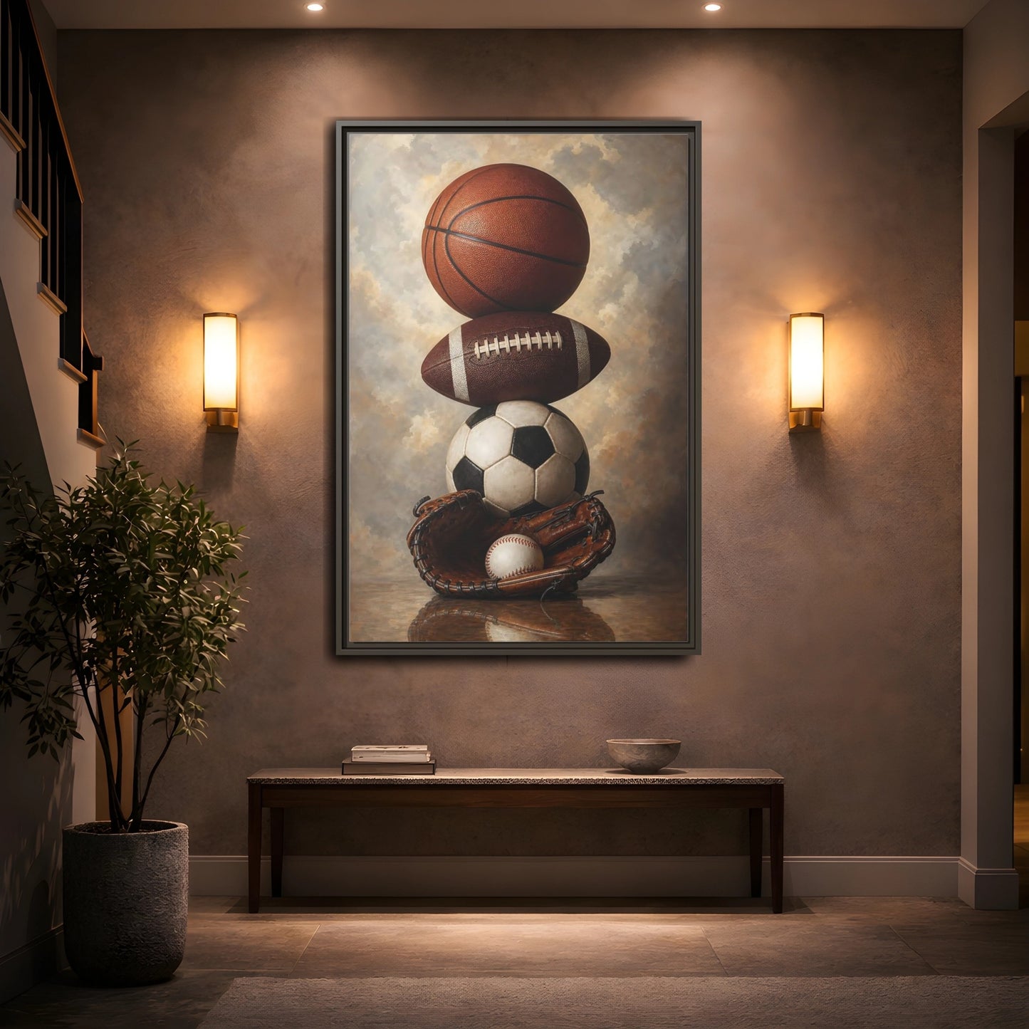 Mockup 2. Sports Sports Balls Brown Sports Balls shown as framed canvas print