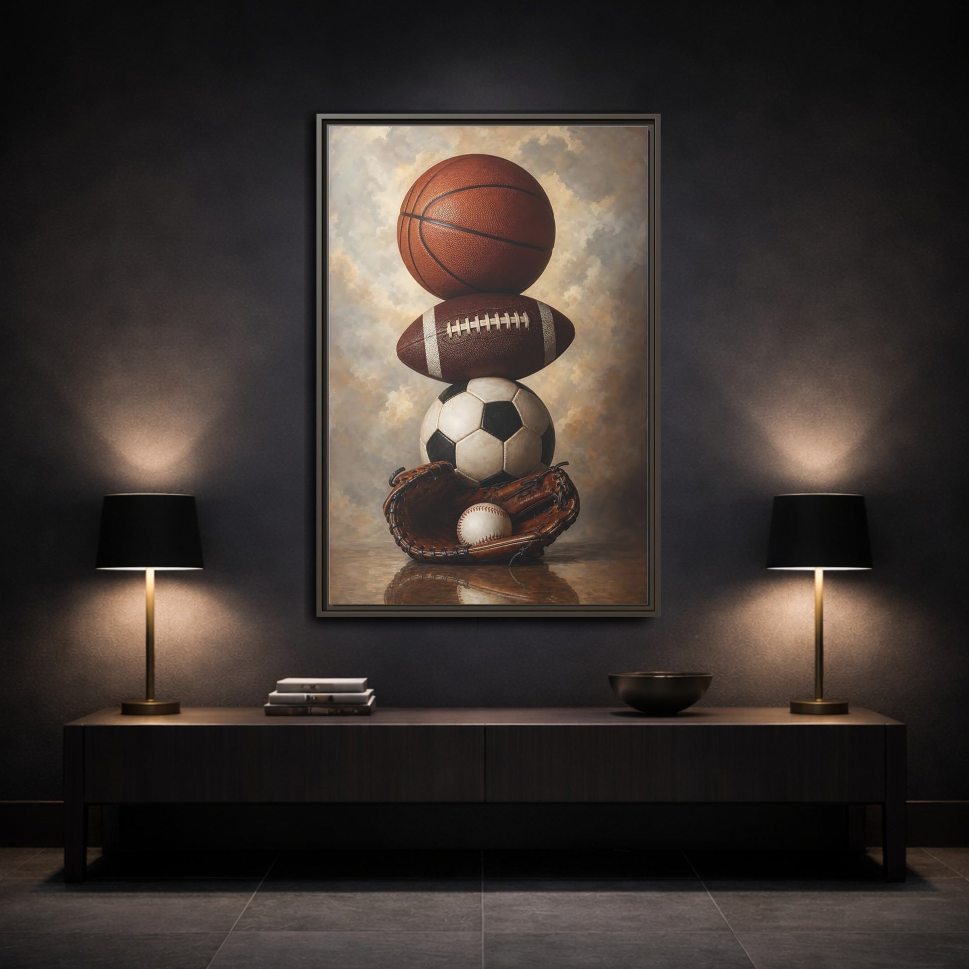 Mockup 3. Sports Sports Balls Brown Sports Balls shown as framed canvas print