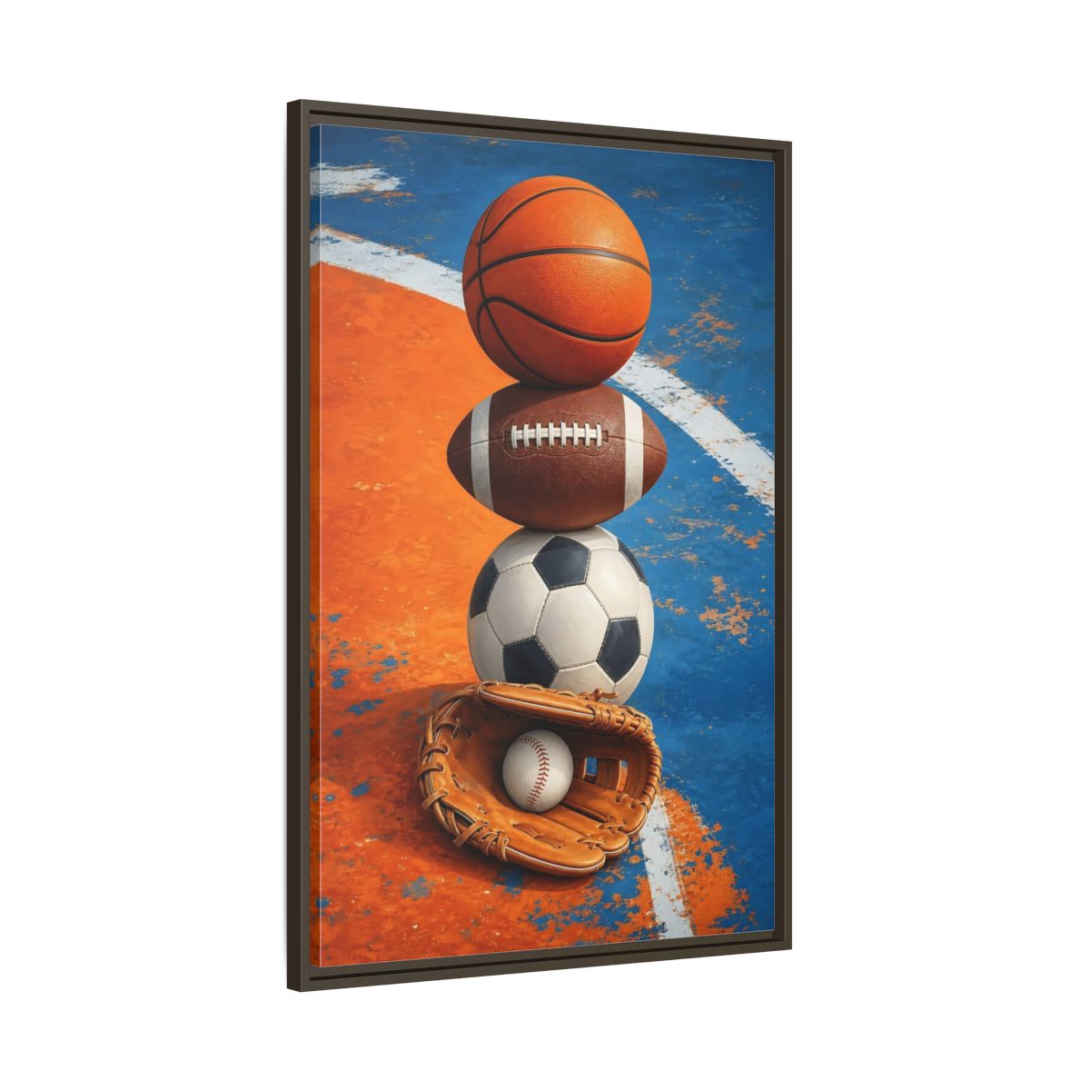Main Mockup. Sports Sports Balls Orange Blue Sports shown as framed canvas print