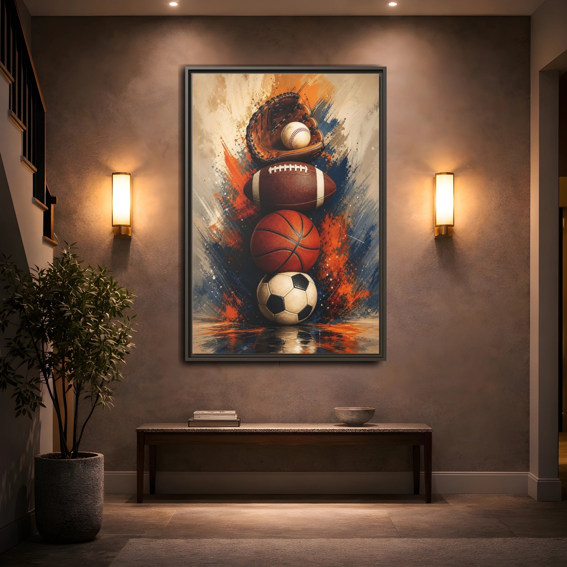 Mockup 2. Sports Sports Balls Orange Blue Sports shown as framed canvas print