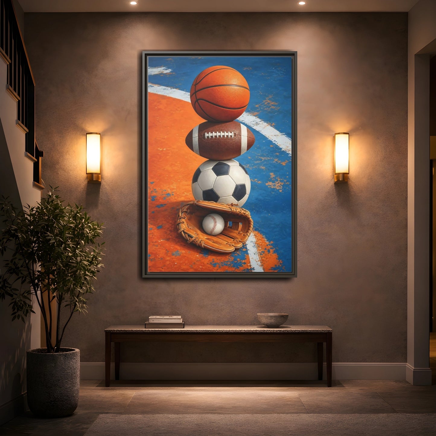 Mockup 2. Sports Sports Balls Orange Blue Sports shown as framed canvas print
