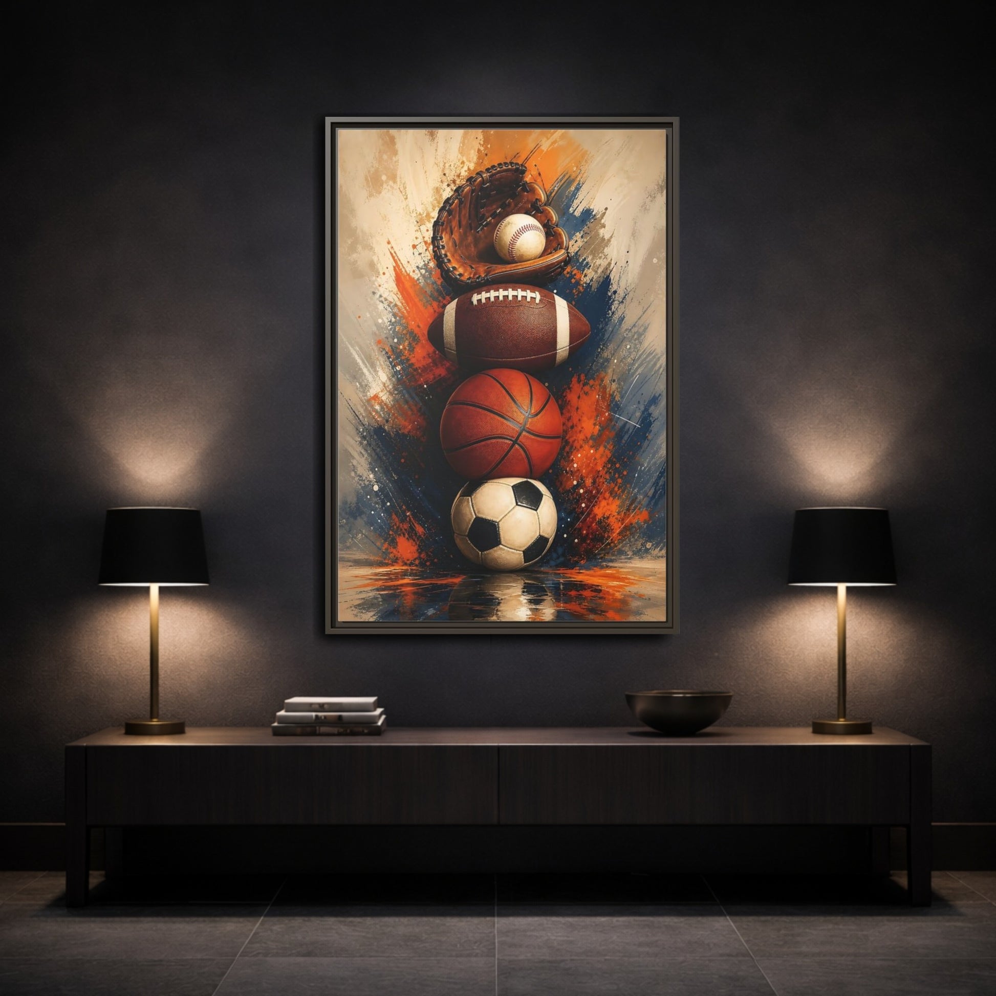 Mockup 3. Sports Sports Balls Orange Blue Sports shown as framed canvas print