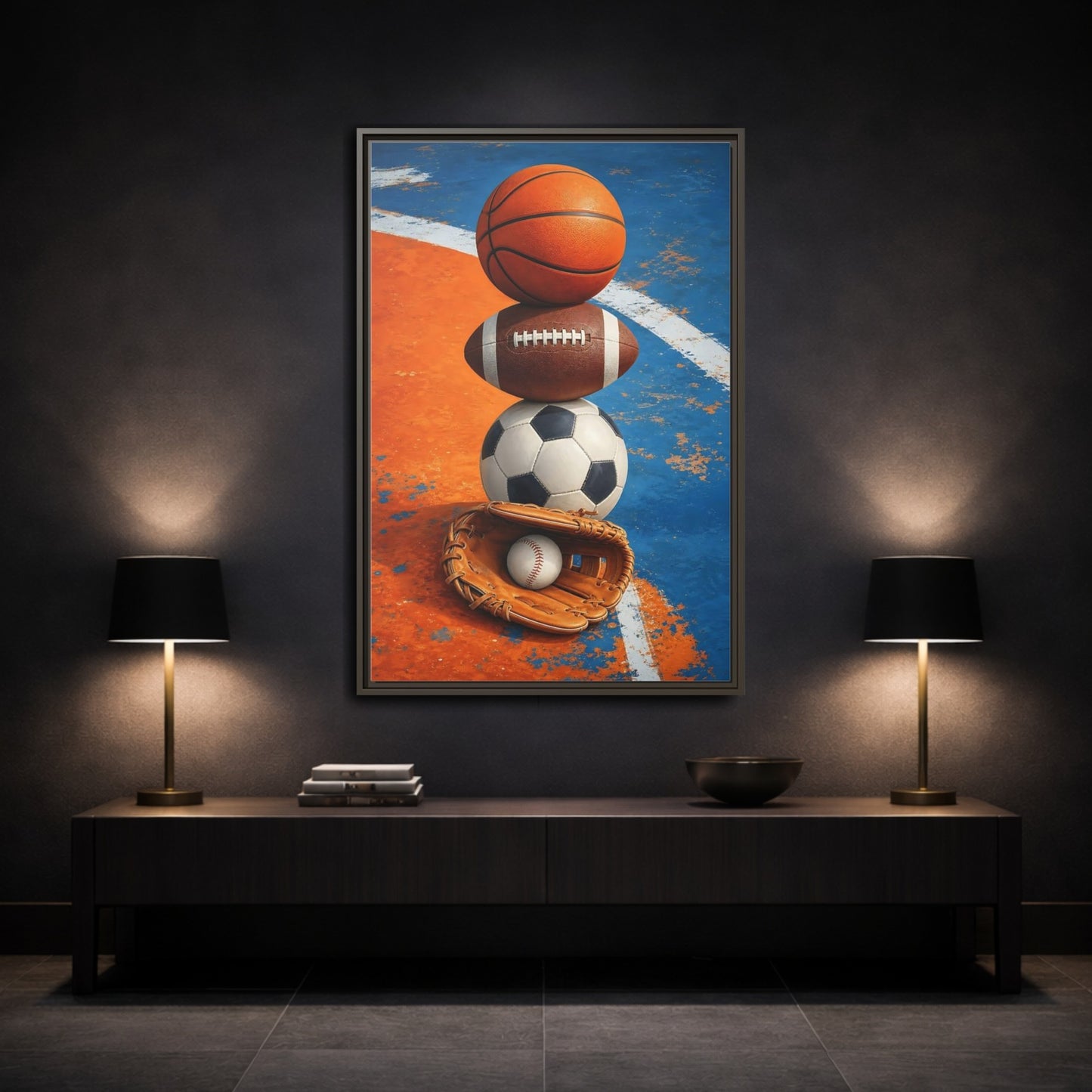 Mockup 3. Sports Sports Balls Orange Blue Sports shown as framed canvas print
