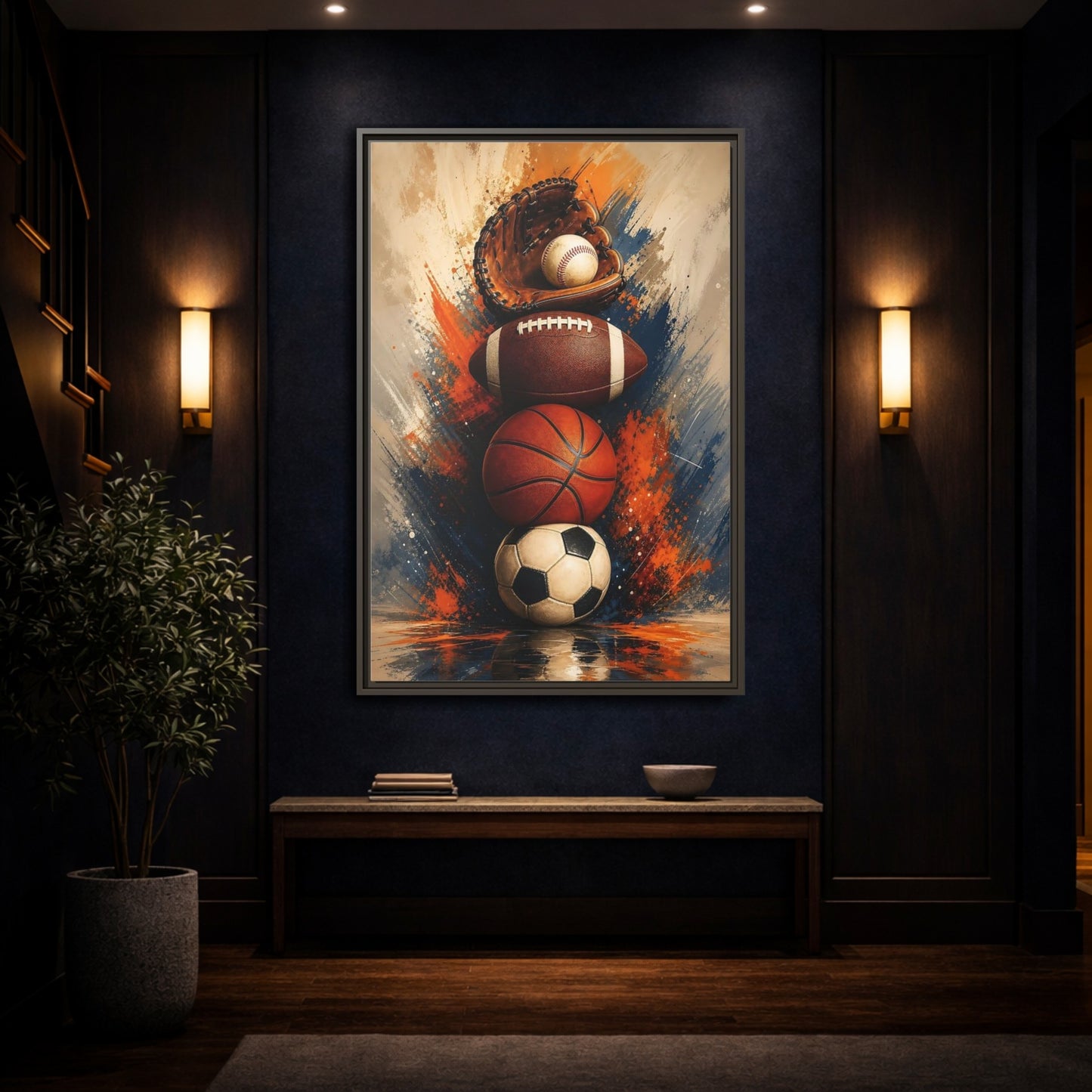 Mockup 4. Sports Sports Balls Orange Blue Sports shown as framed canvas print