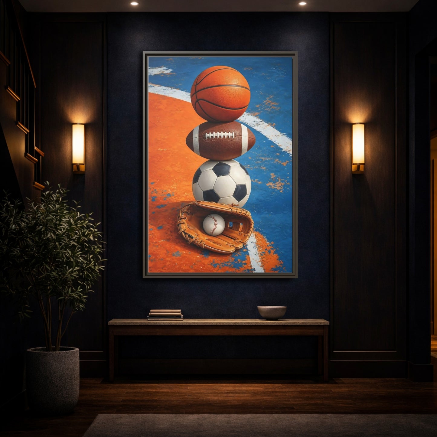 Mockup 4. Sports Sports Balls Orange Blue Sports shown as framed canvas print