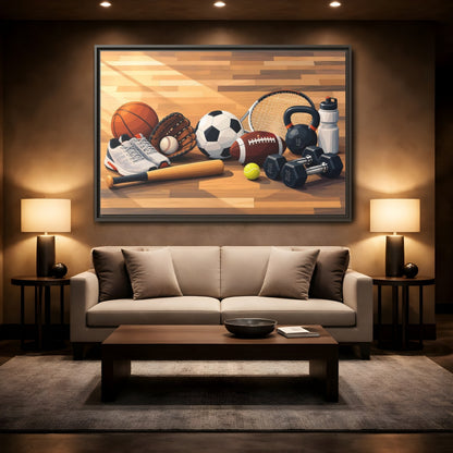 Mockup 2. Sports Sports Equipment Colorful Sports Gear shown as framed canvas print