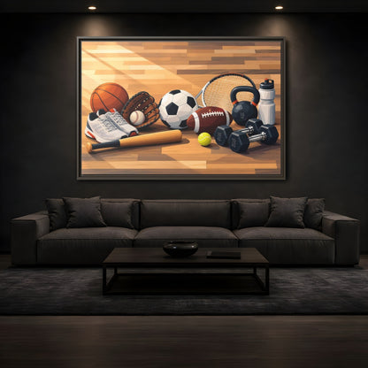 Mockup 3. Sports Sports Equipment Colorful Sports Gear shown as framed canvas print