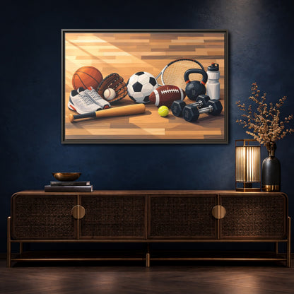 Mockup 4. Sports Sports Equipment Colorful Sports Gear shown as framed canvas print