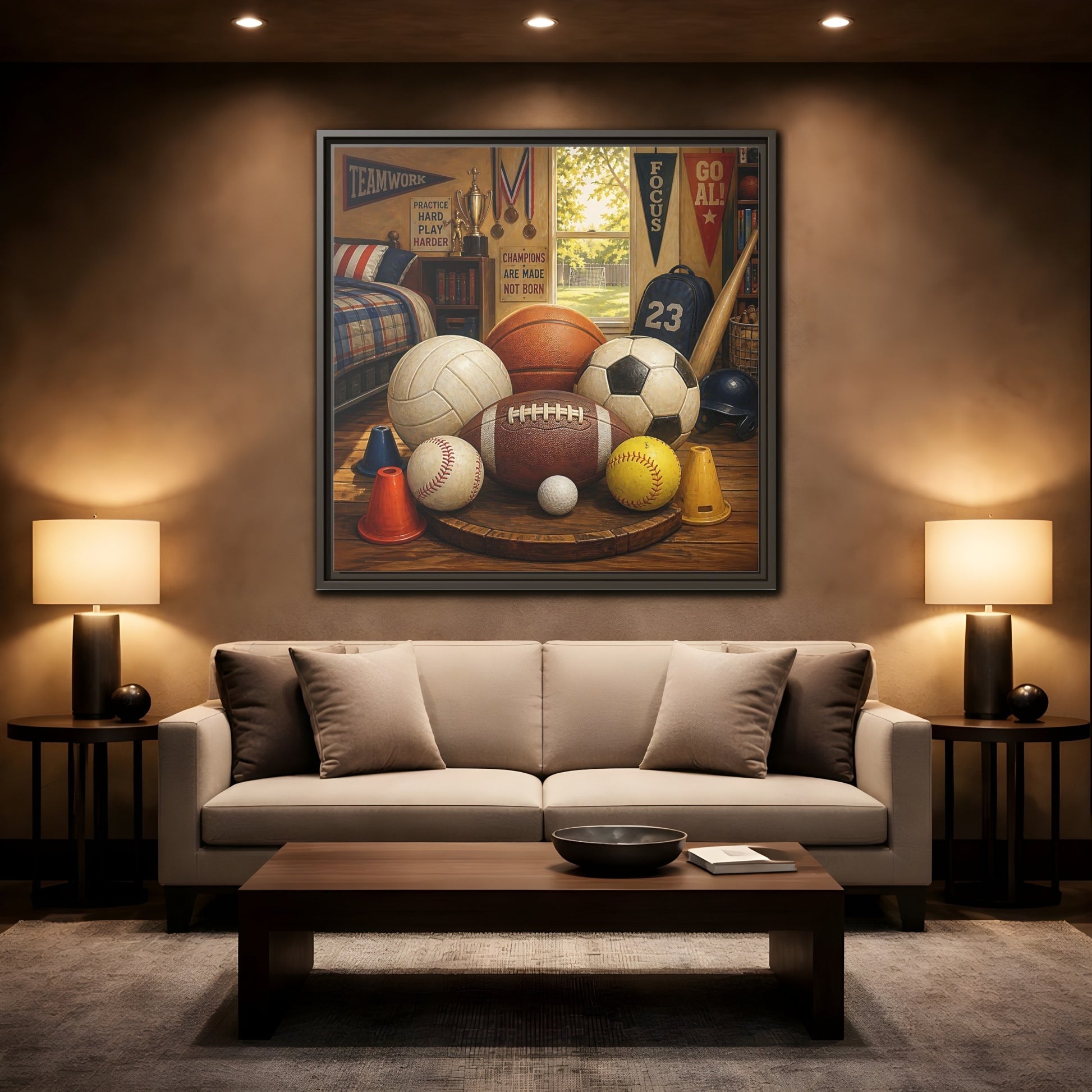 Mockup 2. Sports Sports Equipment Sports Room Decor shown as framed canvas print