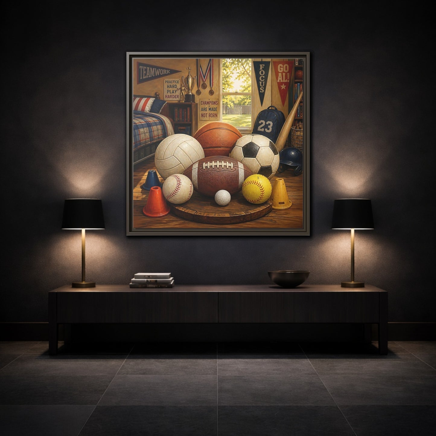 Mockup 3. Sports Sports Equipment Sports Room Decor shown as framed canvas print