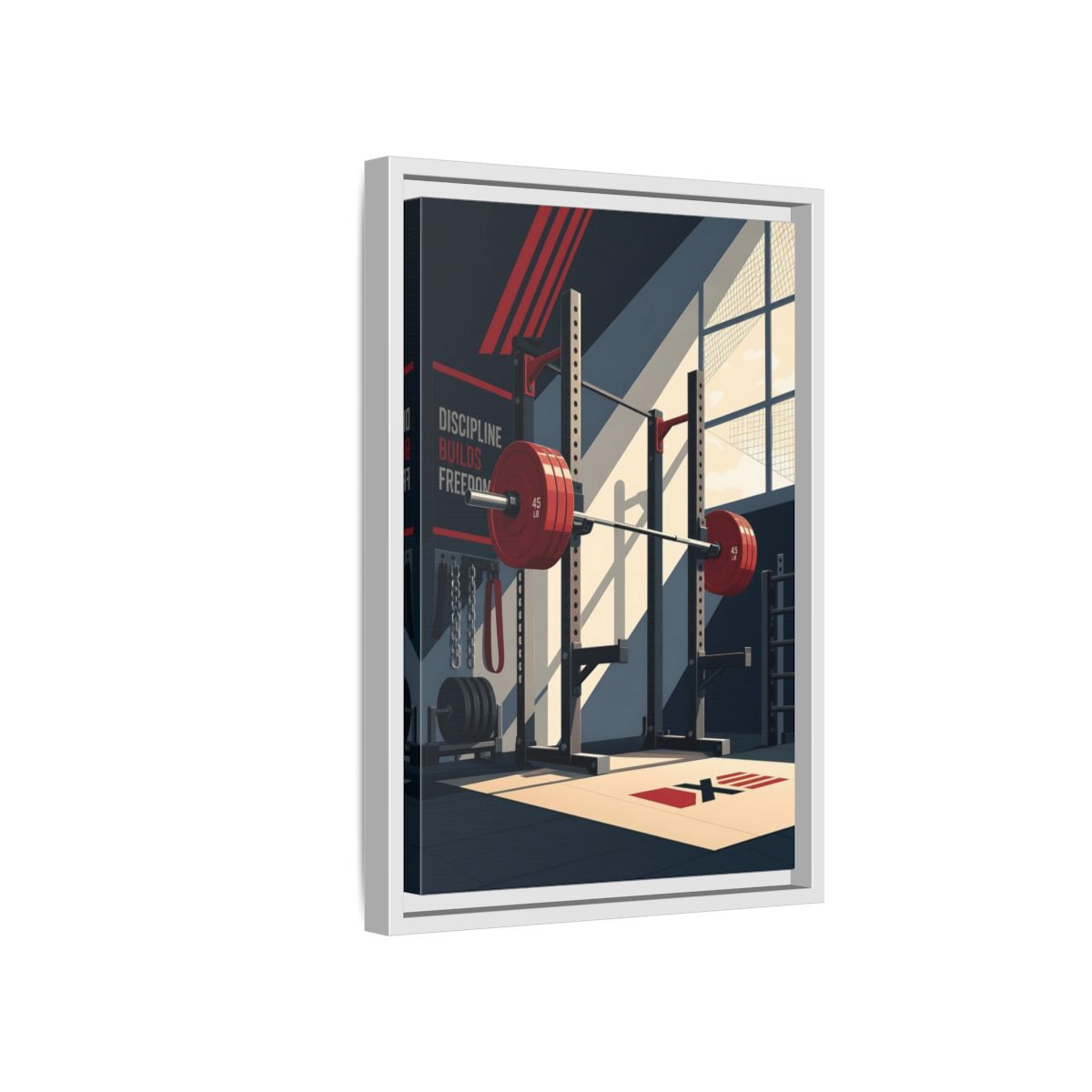 Side Mockup 4. Sports Squat Rack Red Squat Rack shown as framed canvas print