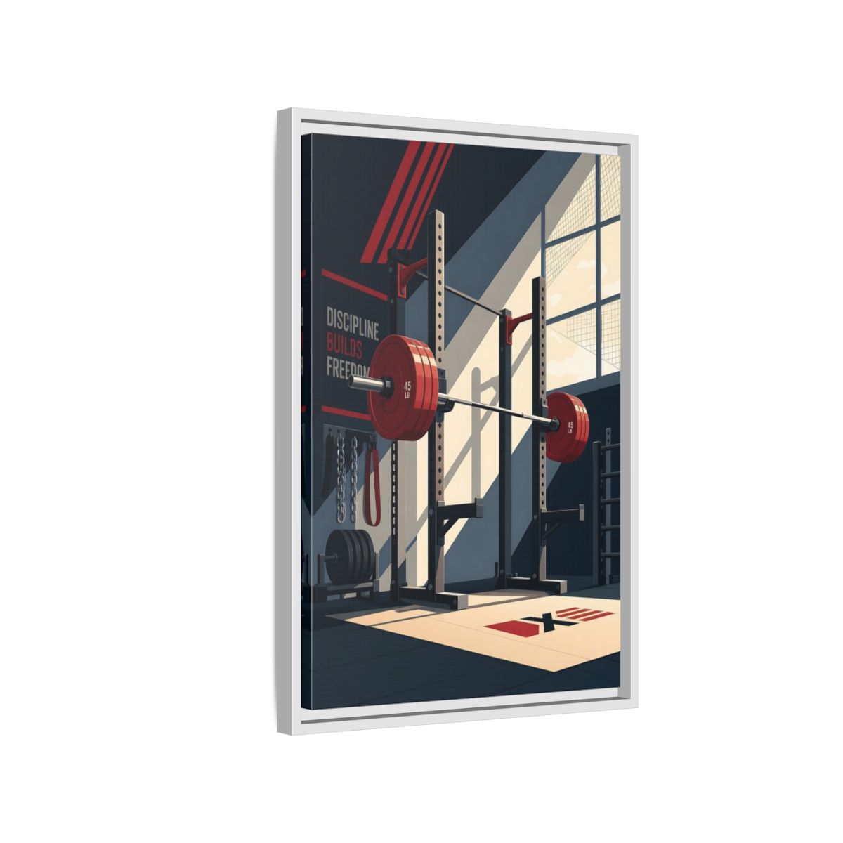 Side Mockup 1. Sports Squat Rack Red Squat Rack shown as framed canvas print