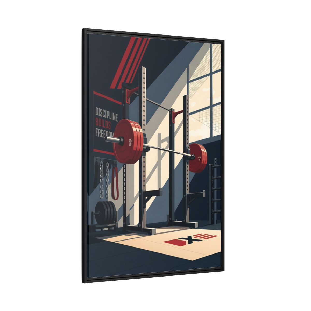 Side Mockup 12. Sports Squat Rack Red Squat Rack shown as framed canvas print