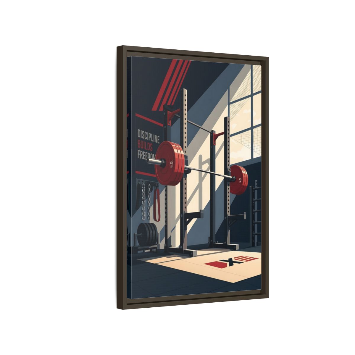 Side Mockup 2. Sports Squat Rack Red Squat Rack shown as framed canvas print
