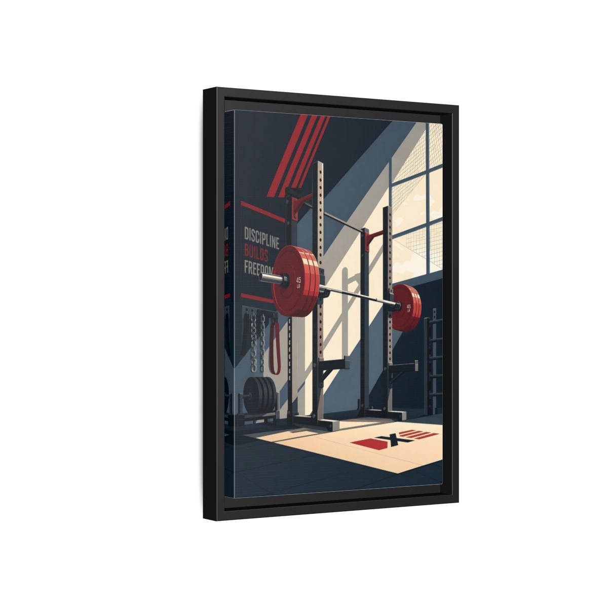 Side Mockup 6. Sports Squat Rack Red Squat Rack shown as framed canvas print