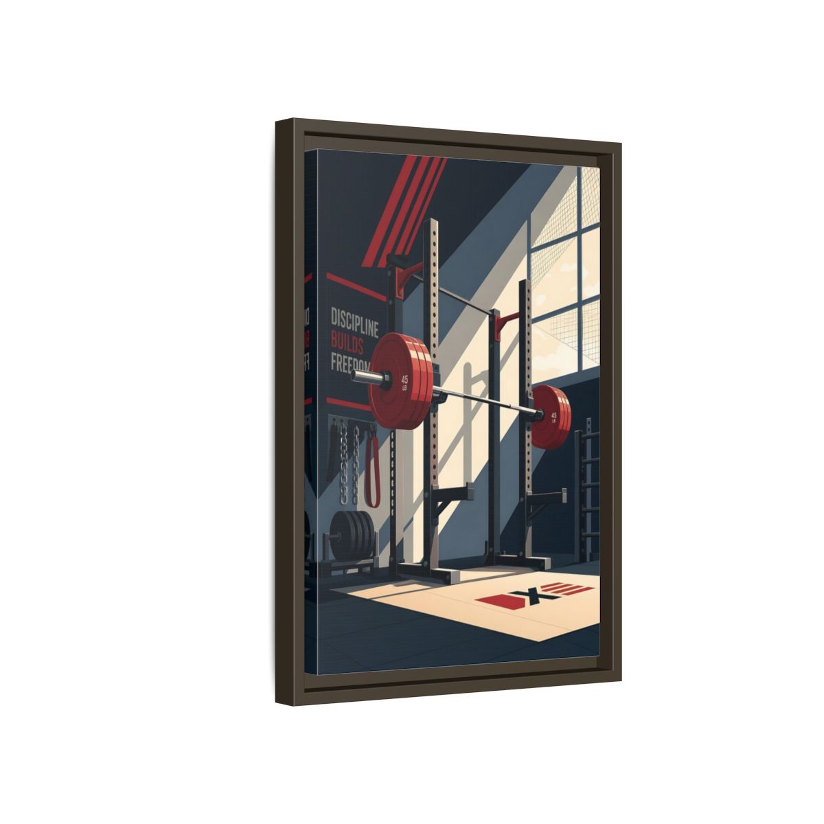 Side Mockup 5. Sports Squat Rack Red Squat Rack shown as framed canvas print