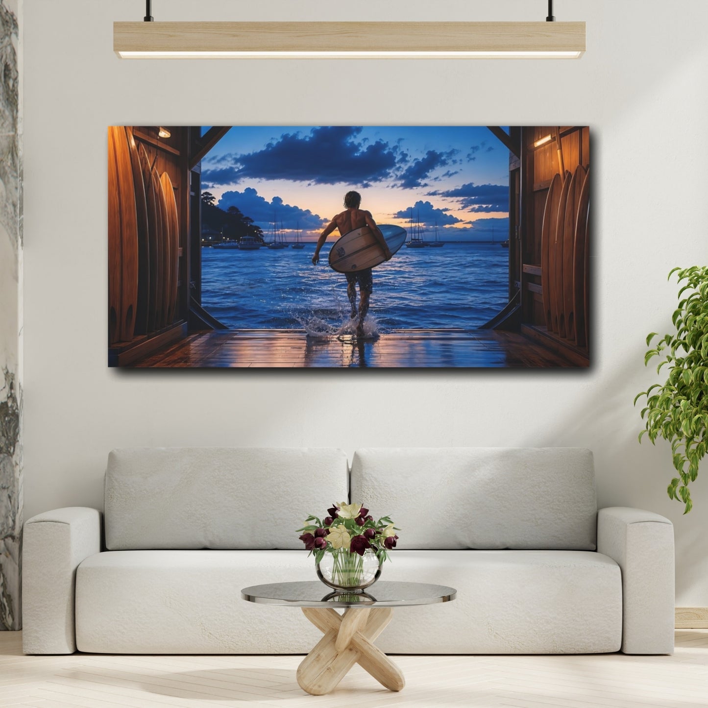 Mockup 2. Sports Surfer Ocean Sunset shown as canvas print
