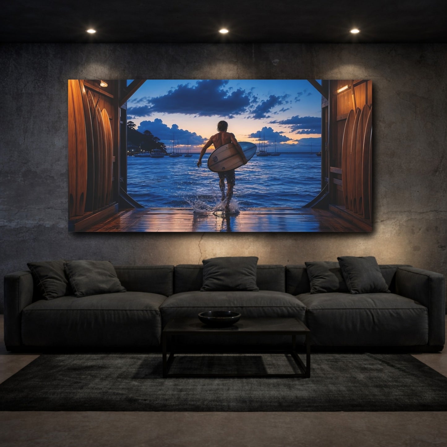 Mockup 3. Sports Surfer Ocean Sunset shown as canvas print