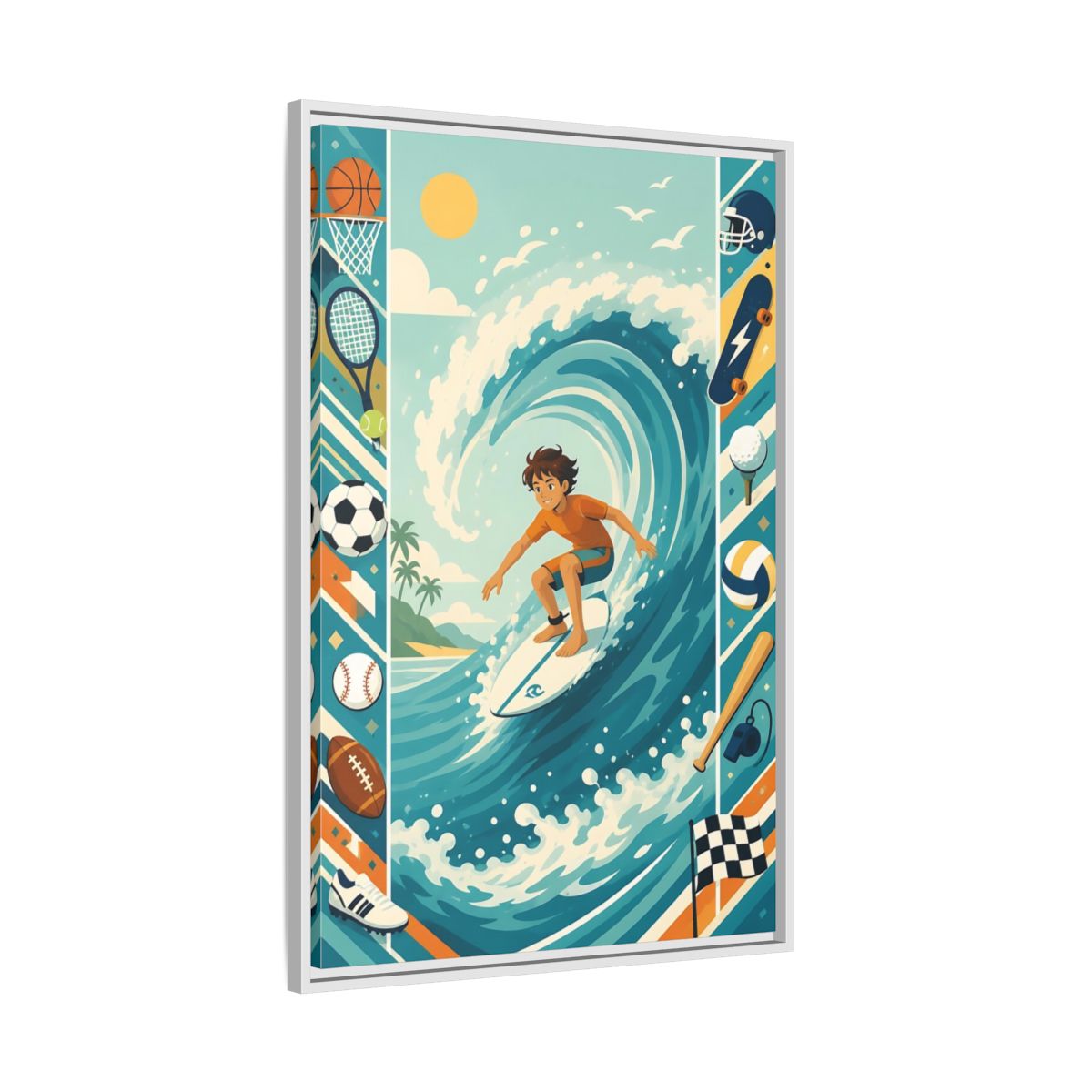 Side Mockup 9. Sports Surfing Boy Blue Surfing Sports shown as framed canvas print