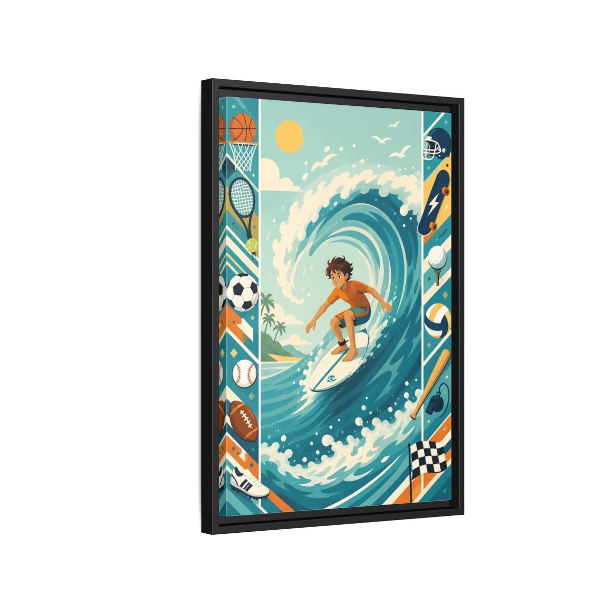 Side Mockup 3. Sports Surfing Boy Blue Surfing Sports shown as framed canvas print
