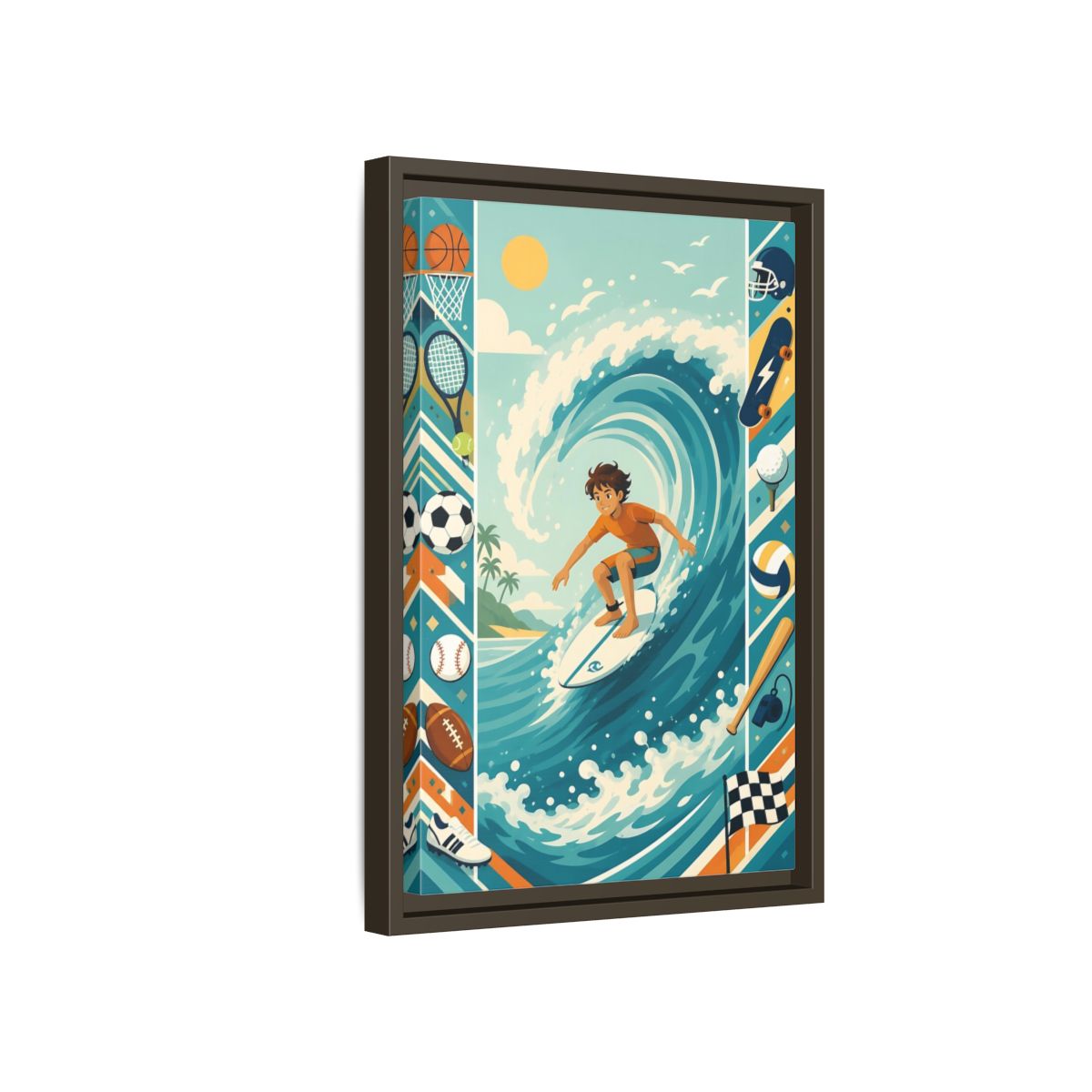 Side Mockup 5. Sports Surfing Boy Blue Surfing Sports shown as framed canvas print