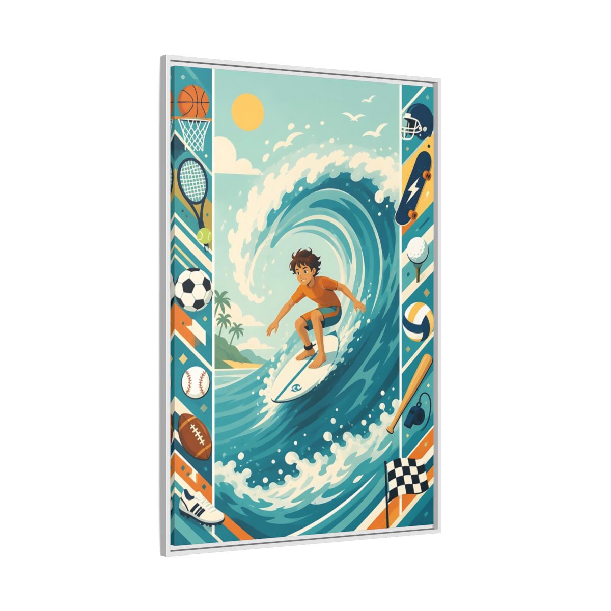 Side Mockup 7. Sports Surfing Boy Blue Surfing Sports shown as framed canvas print