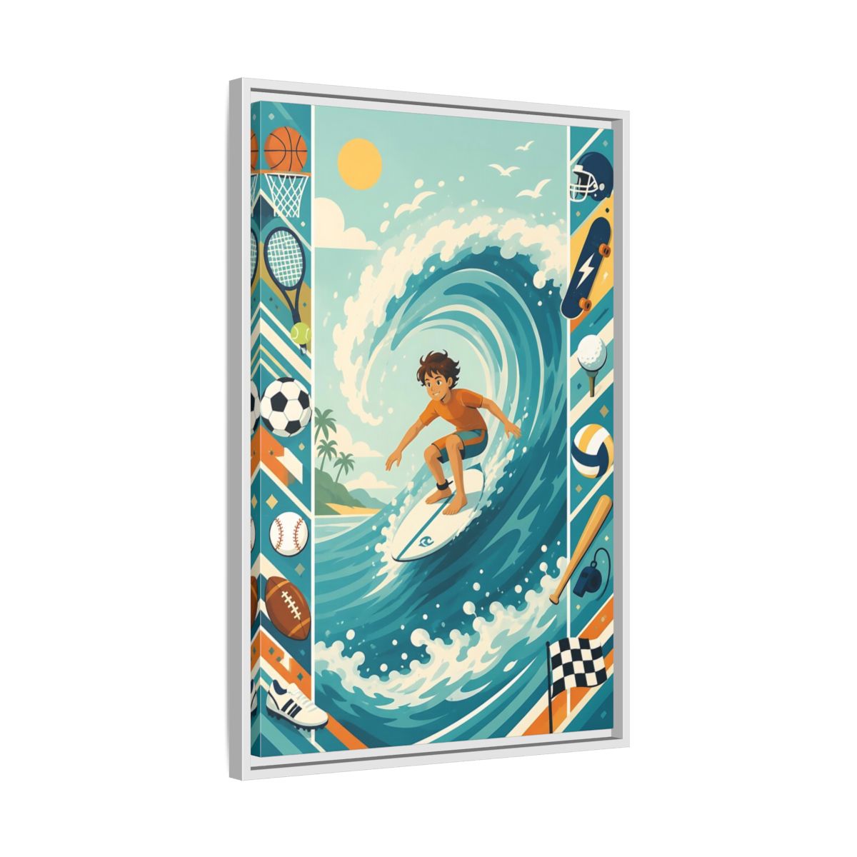 Side Mockup 10. Sports Surfing Boy Blue Surfing Sports shown as framed canvas print